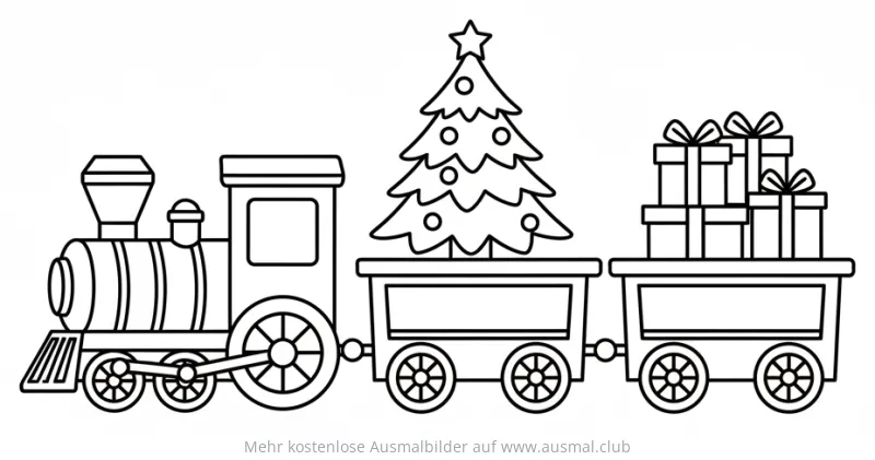 Weihnachtszug mit Baum und Geschenken Ausmalbild