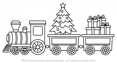 Weihnachtszug mit Baum und Geschenken Ausmalbild