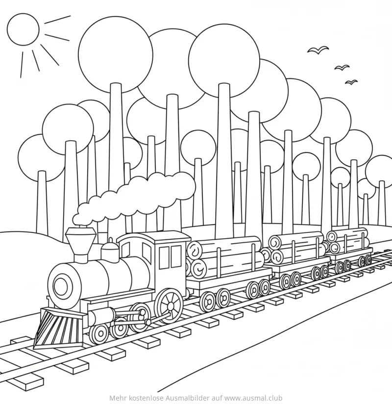 Holzzug Ausmalbild mit Baumstämmen im Wald