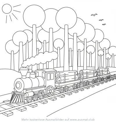 Holzzug Ausmalbild mit Baumstämmen im Wald