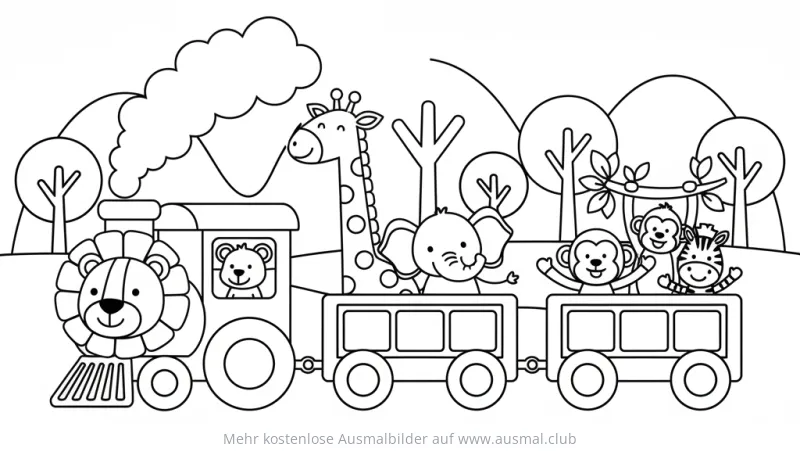 Tierzug mit Löwe, Bär, Giraffe, Elefant, Affen und Zebra Ausmalbild