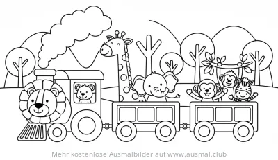 Tierzug mit Löwe, Bär, Giraffe, Elefant, Affen und Zebra Ausmalbild