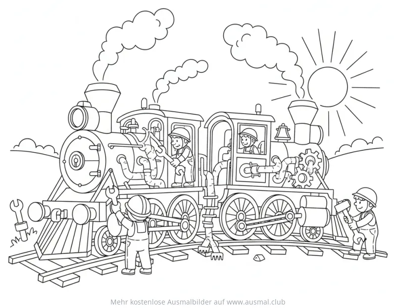 Dampflokomotive Reparatur Ausmalbild mit Mechanikern