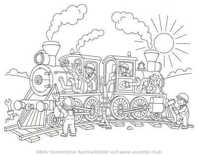 Dampflokomotive Reparatur Ausmalbild mit Mechanikern