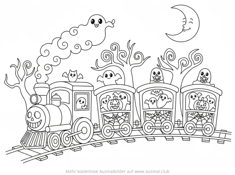 Geisterzug Ausmalbild mit Geistern, Kürbissen und Mond
