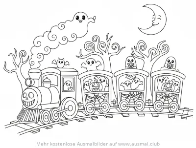 Geisterzug Ausmalbild mit Geistern, Kürbissen und Mond
