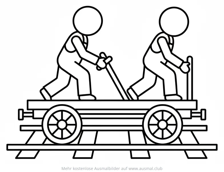 Draisine Ausmalbild mit zwei Figuren auf Schienen