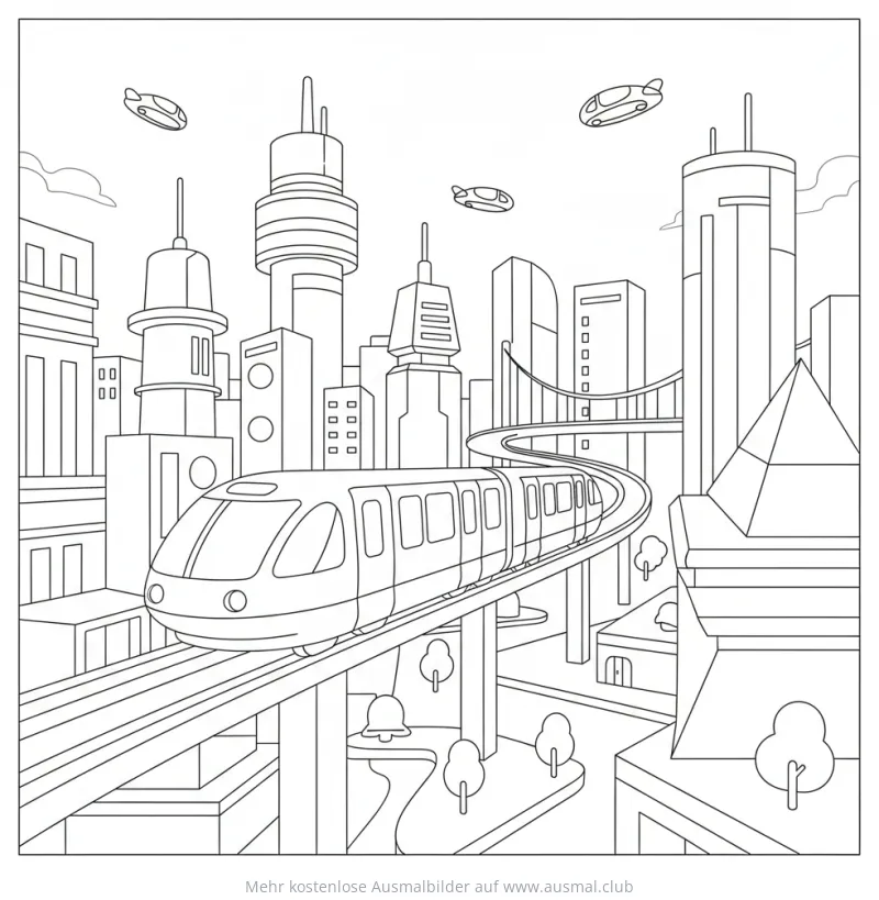 Einschienenbahn fährt durch futuristische Stadt Ausmalbild
