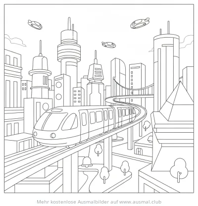 Einschienenbahn fährt durch futuristische Stadt Ausmalbild