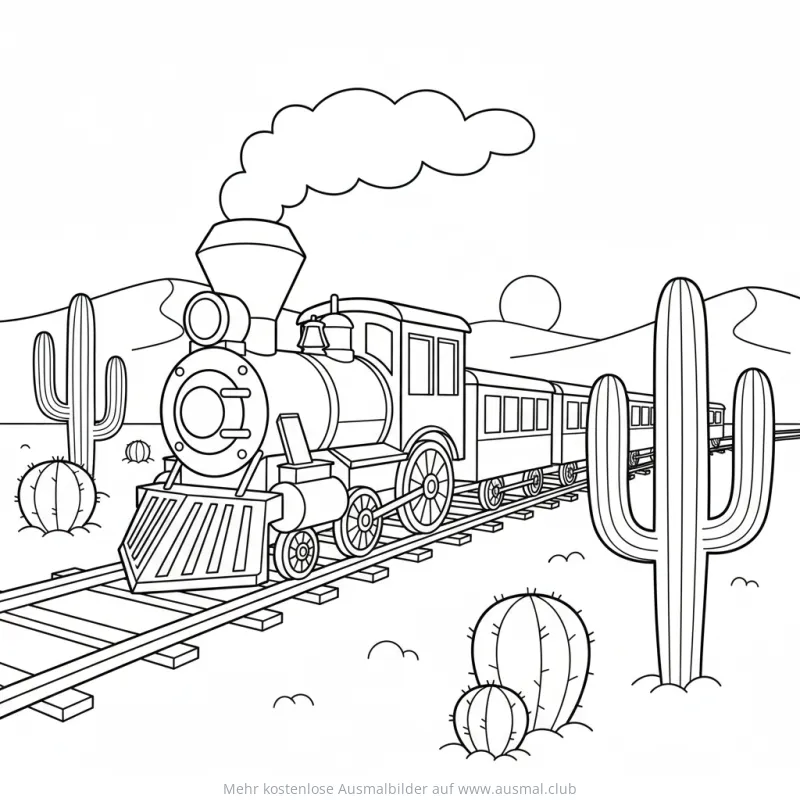 Zug fährt durch Wüstenlandschaft Ausmalbild