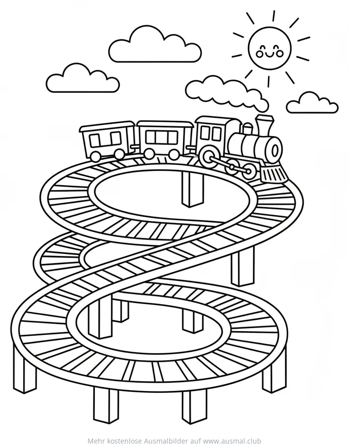 Spiraleisenbahn Ausmalbild mit Lokomotive, Waggons, Sonne und Wolken