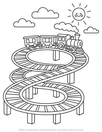 Spiraleisenbahn Ausmalbild mit Lokomotive, Waggons, Sonne und Wolken