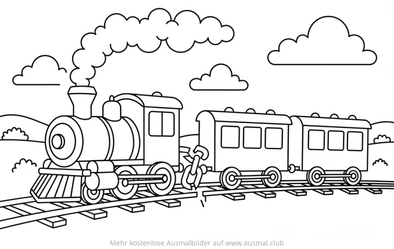 Zug mit Waggons Ausmalbild auf Schienen