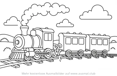 Zug mit Waggons Ausmalbild auf Schienen