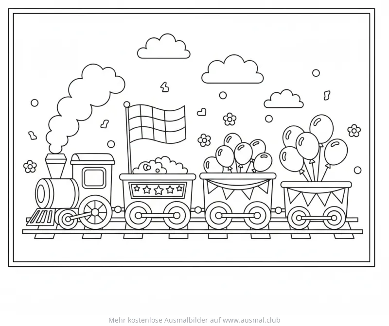 Zug Parade Ausmalbild mit Lokomotive, Zielflagge und Luftballons