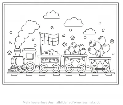 Zug Parade Ausmalbild mit Lokomotive, Zielflagge und Luftballons