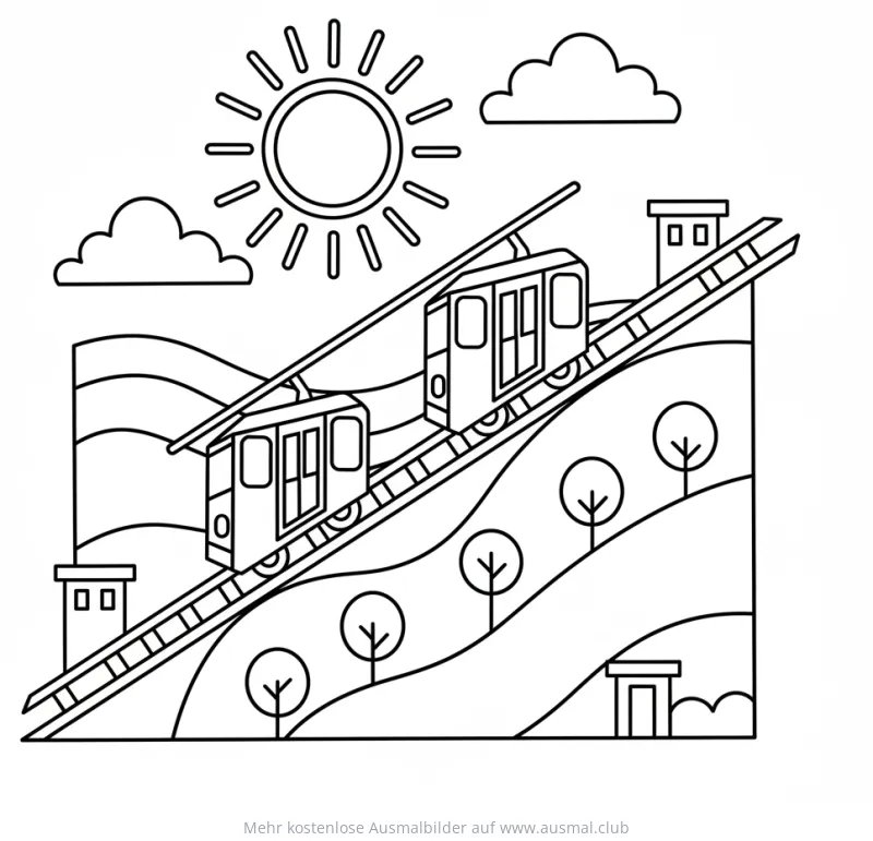 Schrägaufzug Ausmalbild mit Hügeln und Sonne