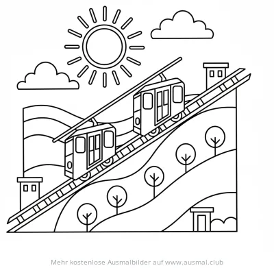 Schrägaufzug Ausmalbild mit Hügeln und Sonne