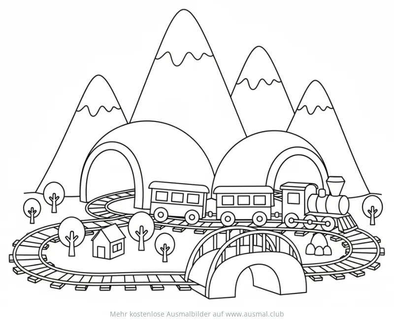 Modelleisenbahn mit Lokomotive, Waggons und Landschaft Ausmalbild