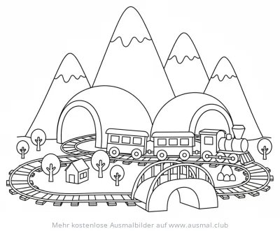 Modelleisenbahn mit Lokomotive, Waggons und Landschaft Ausmalbild