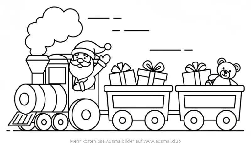Nikolaus im Zug mit Geschenken Ausmalbild