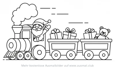 Nikolaus im Zug mit Geschenken Ausmalbild