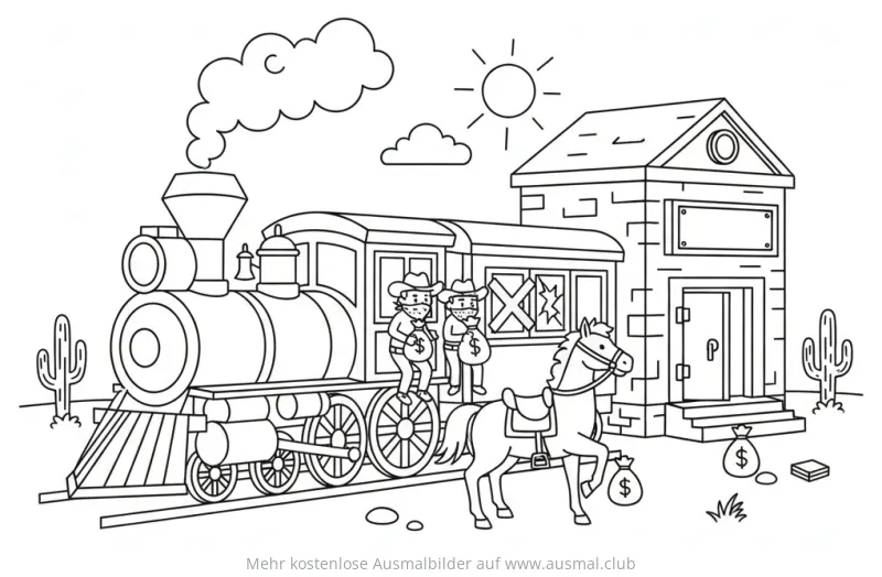Western Zug mit Cowboys und Banküberfall Ausmalbild