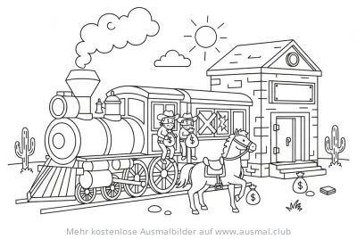 Western Zug mit Cowboys und Banküberfall Ausmalbild