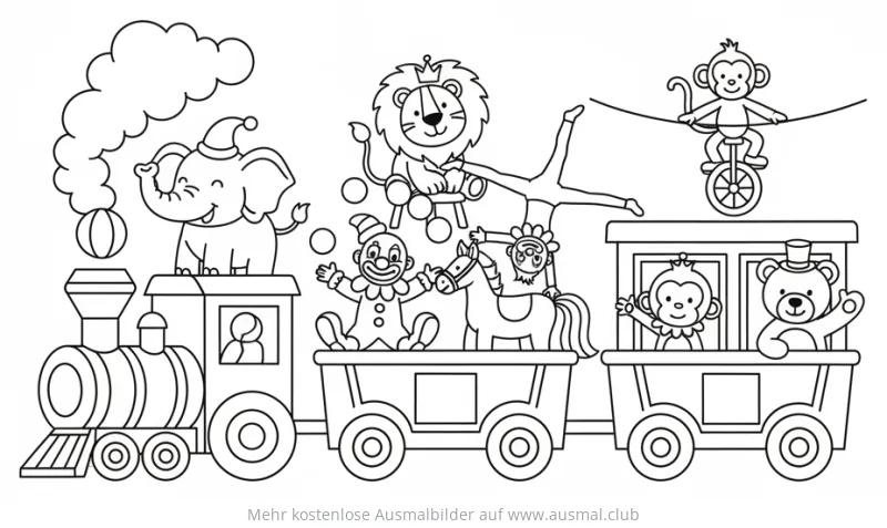 Zirkus Zug mit Elefant, Löwe, Affe, Clown und Akrobat Ausmalbild