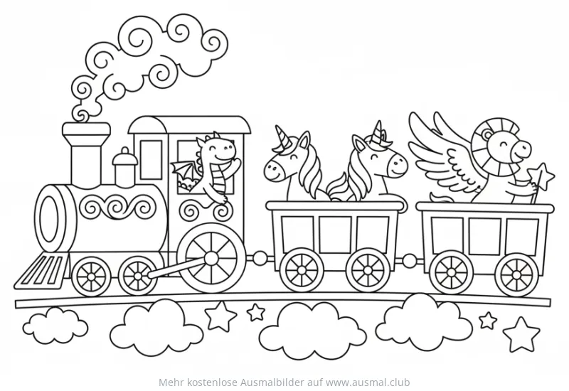 Märchen Zug mit Drache, Einhörnern und geflügeltem Löwen Ausmalbild