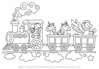 Märchen Zug mit Drache, Einhörnern und geflügeltem Löwen Ausmalbild