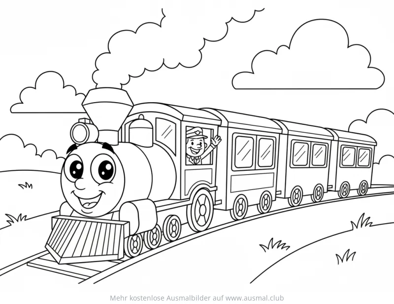 Freundliche Dampflok mit Schaffner Ausmalbild