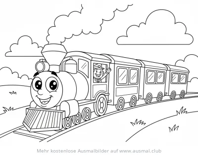 Freundliche Dampflok mit Schaffner Ausmalbild