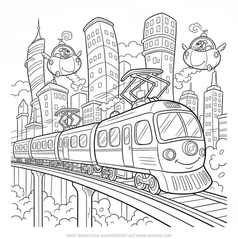 Elektrozug Ausmalbild vor Skyline mit Flugautos