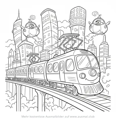 Elektrozug Ausmalbild vor Skyline mit Flugautos