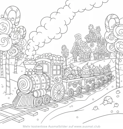 Süßigkeiten beladener Zug fährt durch Zuckerlandschaft Ausmalbild