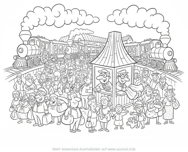 Zug am Bahnhof mit vielen Passagieren Ausmalbild