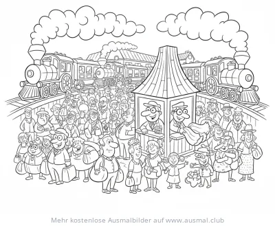 Zug am Bahnhof mit vielen Passagieren Ausmalbild