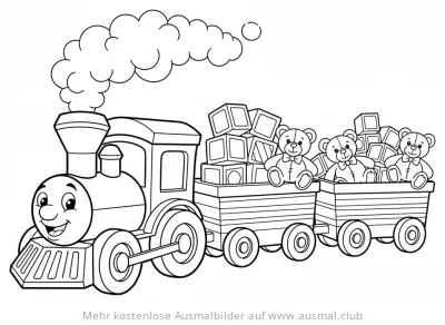 Zug mit Teddybären und Bauklötzen Ausmalbild