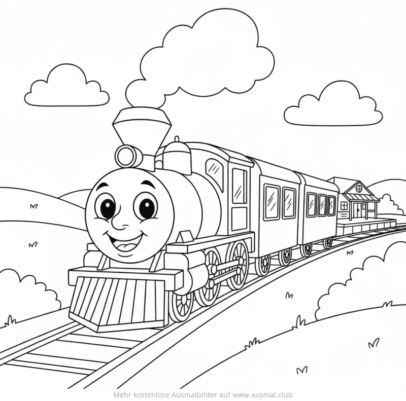 Freundliche Dampflok mit Waggons Ausmalbild