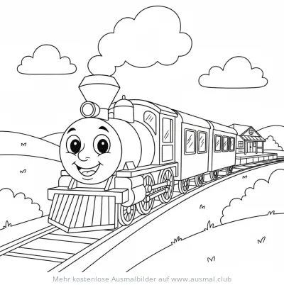 Freundliche Dampflok mit Waggons Ausmalbild