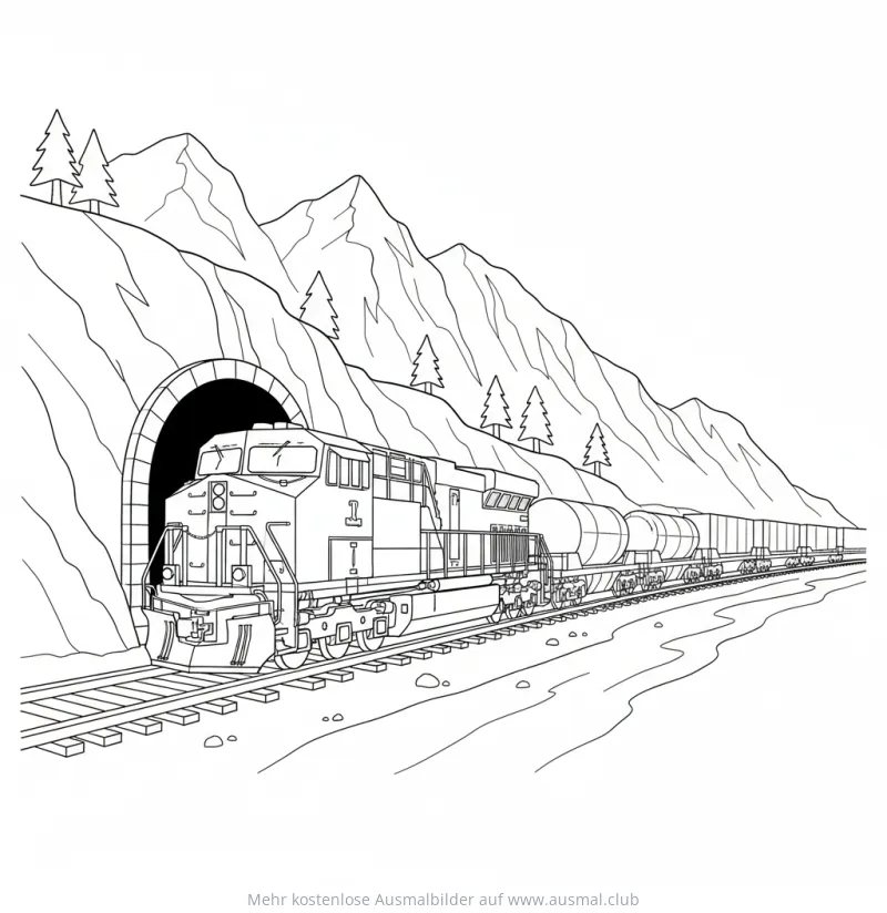 Güterzug fährt aus Tunnel in Berglandschaft Ausmalbild