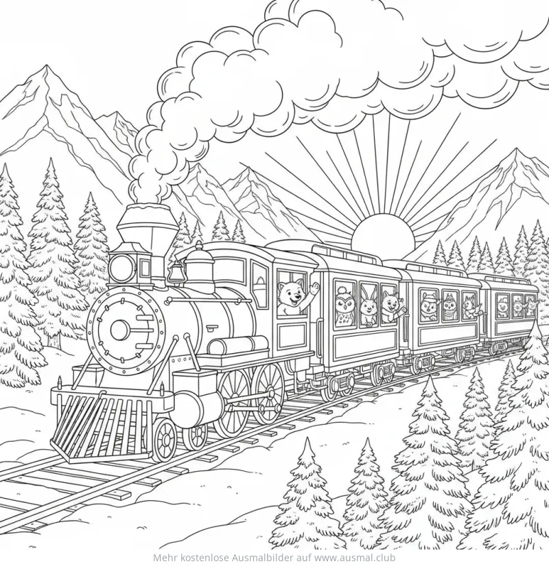Dampflok mit Tieren in Winterlandschaft Ausmalbild
