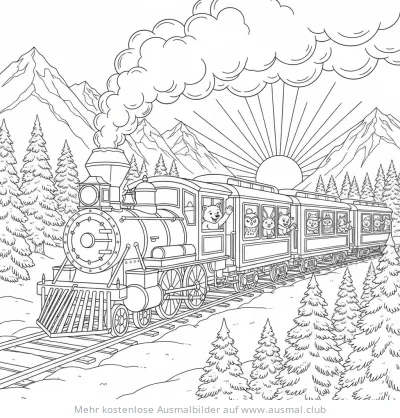 Dampflok mit Tieren in Winterlandschaft Ausmalbild