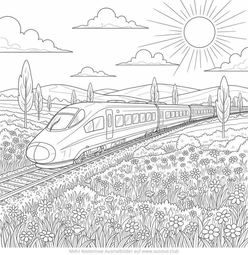 ICE Hochgeschwindigkeitszug Ausmalbild in idyllischer Landschaft