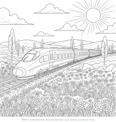 ICE Hochgeschwindigkeitszug Ausmalbild in idyllischer Landschaft