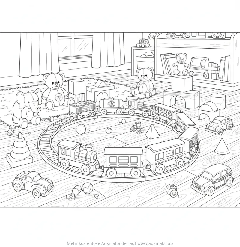 Spielzeugeisenbahn fährt auf Schienen umringt von Teddybären und Bauklötzen Ausmalbild