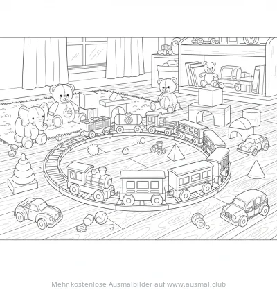 Spielzeugeisenbahn fährt auf Schienen umringt von Teddybären und Bauklötzen Ausmalbild