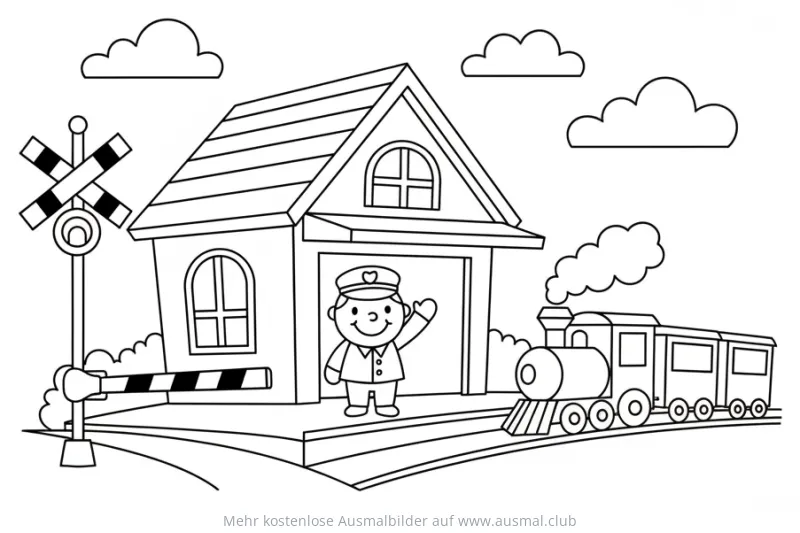 Zug am Bahnhof Ausmalbild mit Schaffner