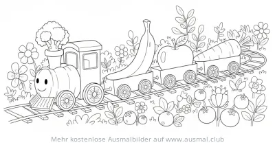 Fruchtzug Ausmalbild mit Banane, Apfel und Karotte